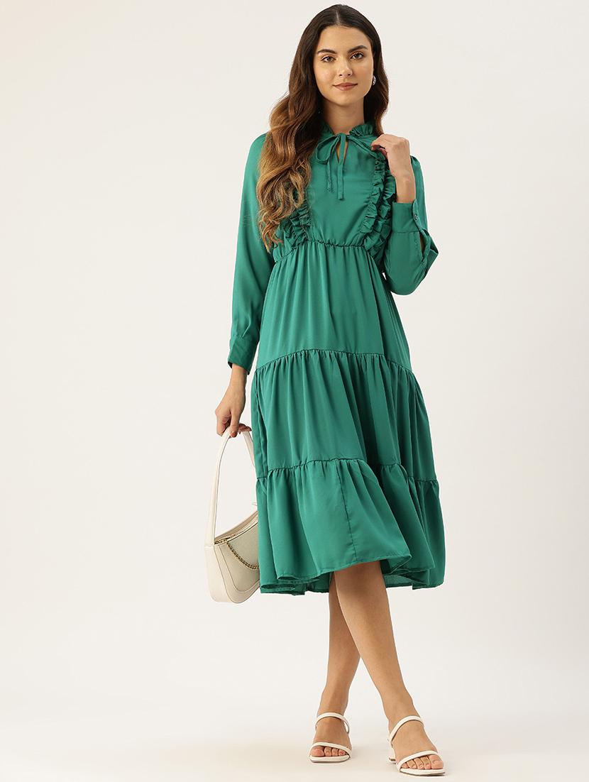 women green solid long sleev tiered dress - 22028989 - Standard Image - 3