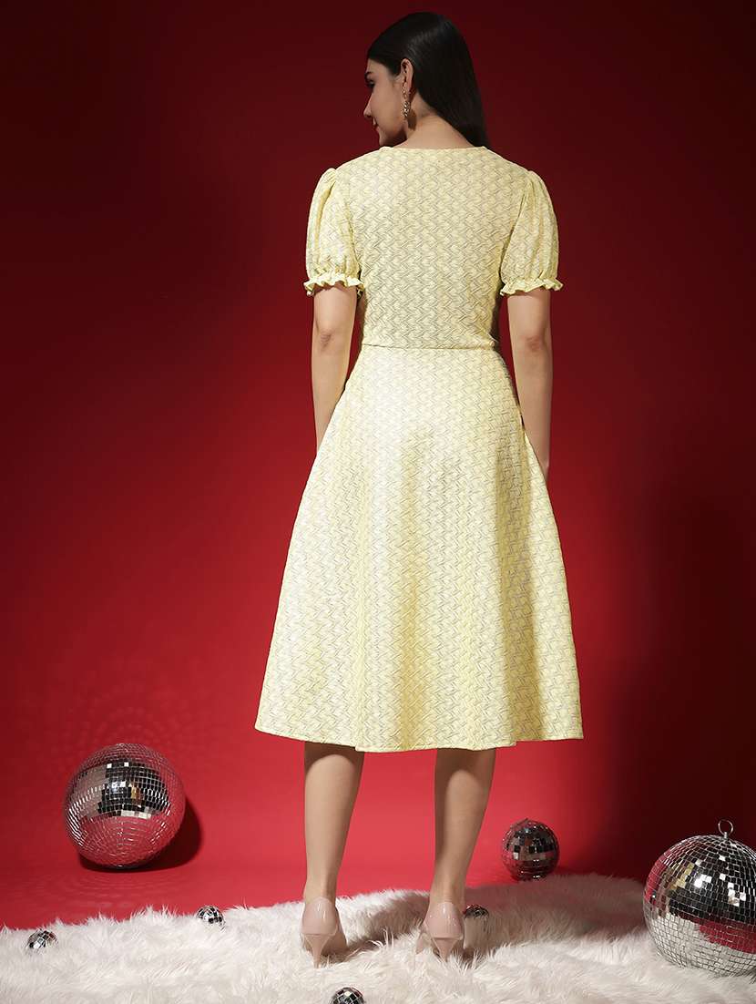 women yellow self designed puff sleeve a-line dress - 22029001 -  Standard Image - 3