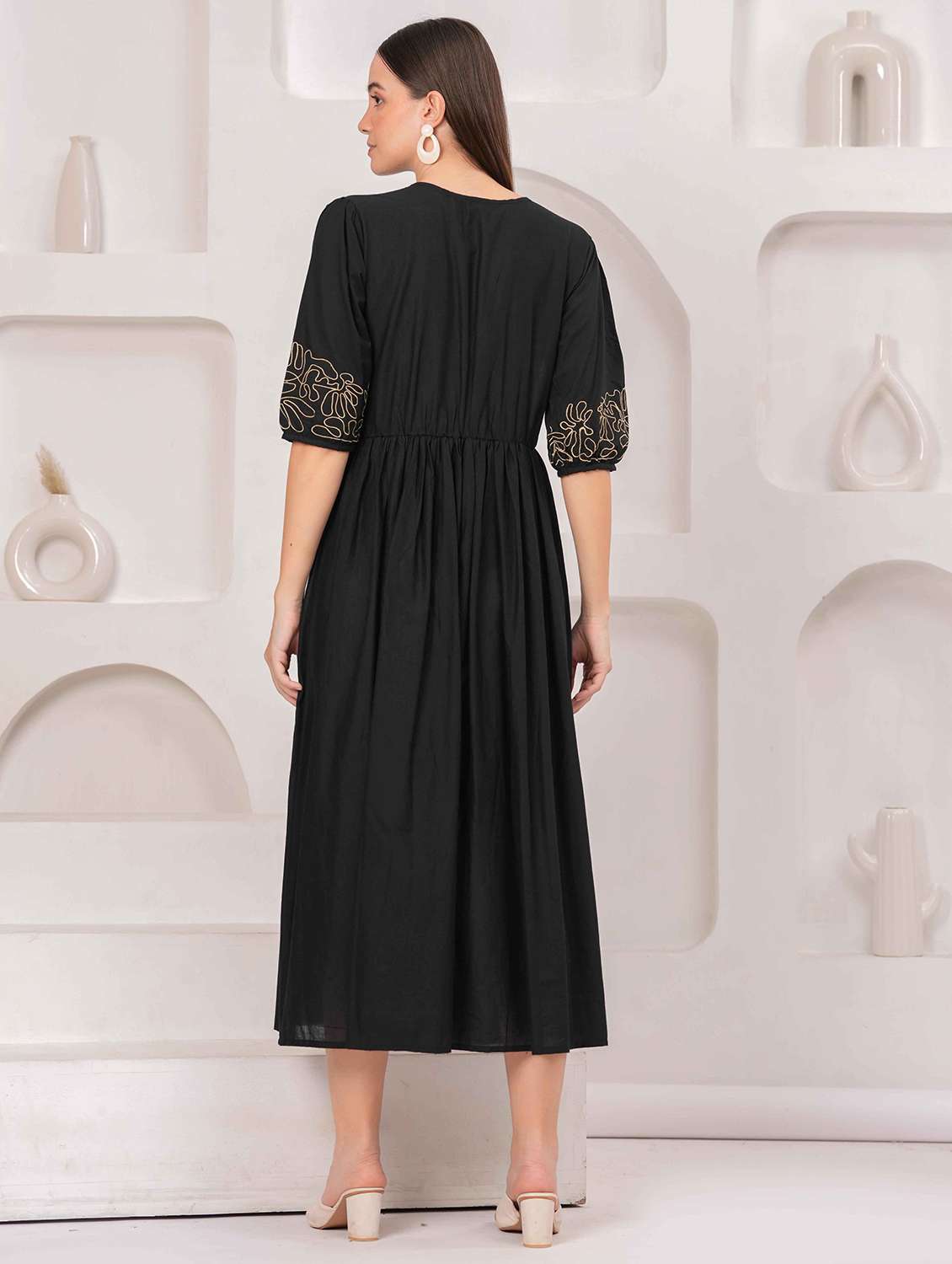 women embroidered puff sleeve fit & flare dress - 22029025 - Standard Image - 3