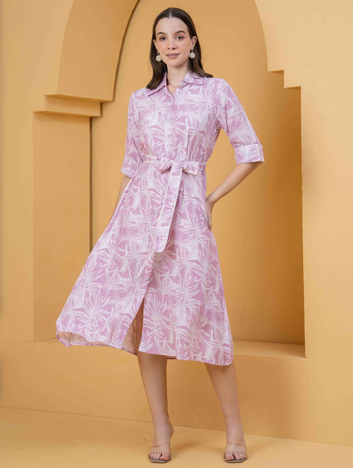 women printed roll up sleeve collared shirt dress - 22029031 - Zoom Image - 0
