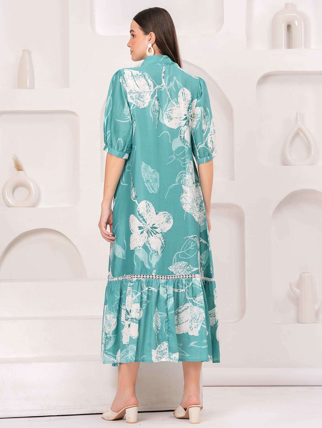 women floral print puff sleeve collared tiered dress - 22029055 - Standard Image - 3