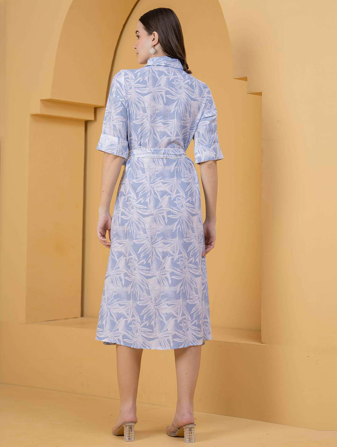 women printed roll up sleeve collared shirt dress - 22029059 - Standard Image - 3