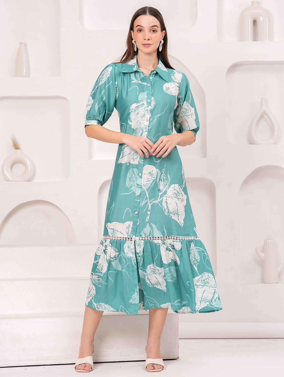 women floral print puff sleeve collared tiered dress - 22029064 - Zoom Image - 0