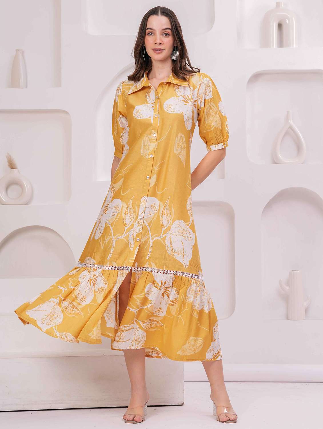 women floral print puff sleeve collared tiered dress - 22029065 - Standard Image - 3