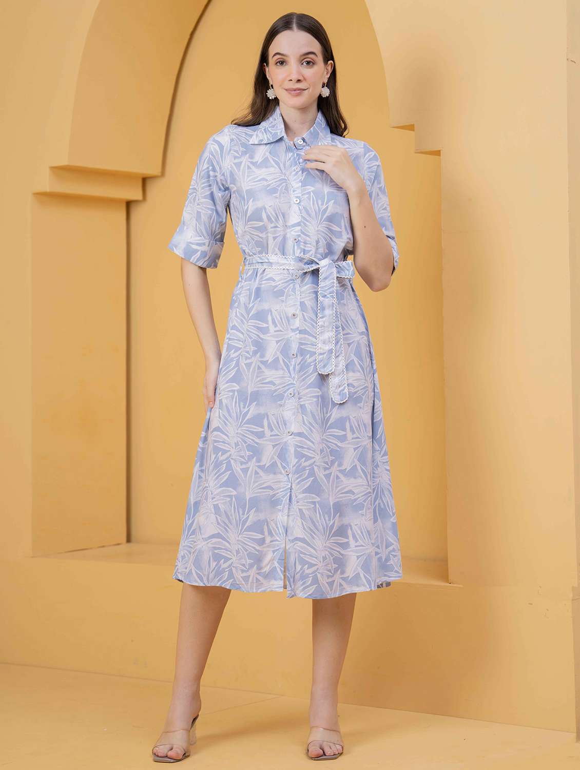 women printed roll up sleeve collared shirt dress
