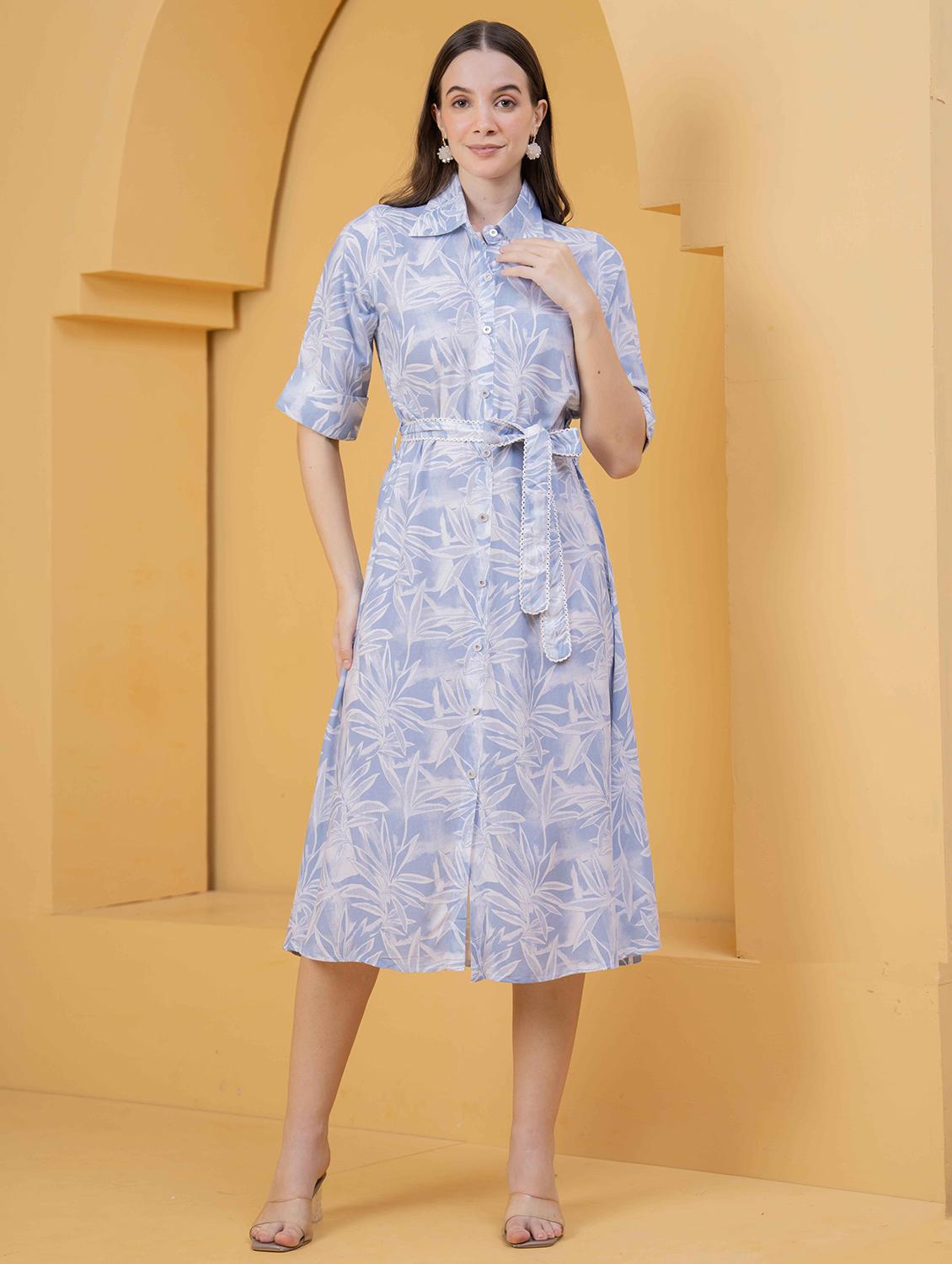 leaf print light blue rayon shirt dress - 22029077 - Zoom Image - 0
