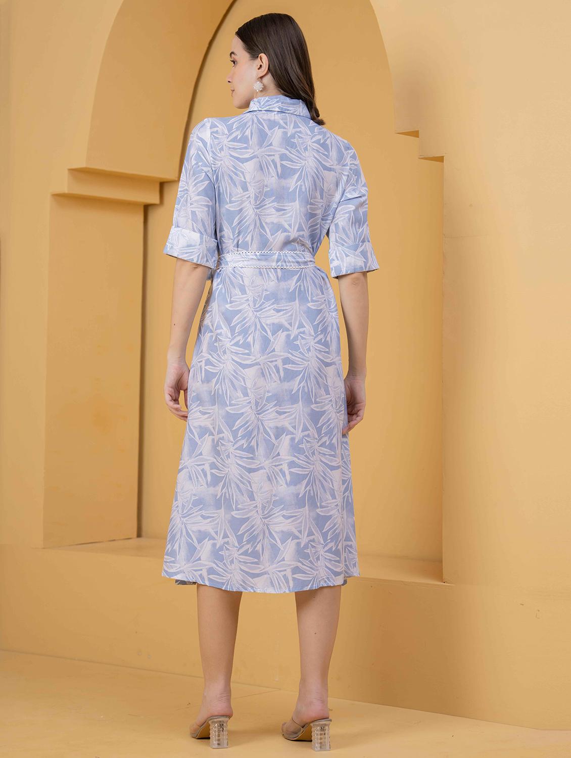 leaf print light blue rayon shirt dress - 22029077 - Standard Image - 3