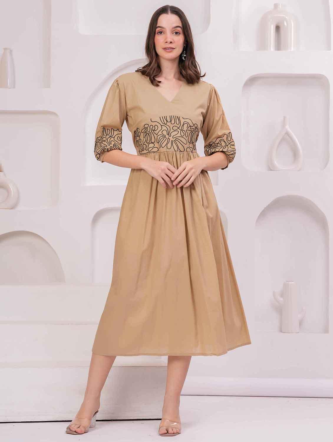 women embroidered puff sleeve fit & flare dress