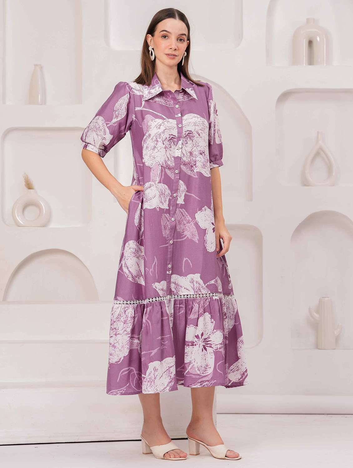 women floral print puff sleeve tiered dress
