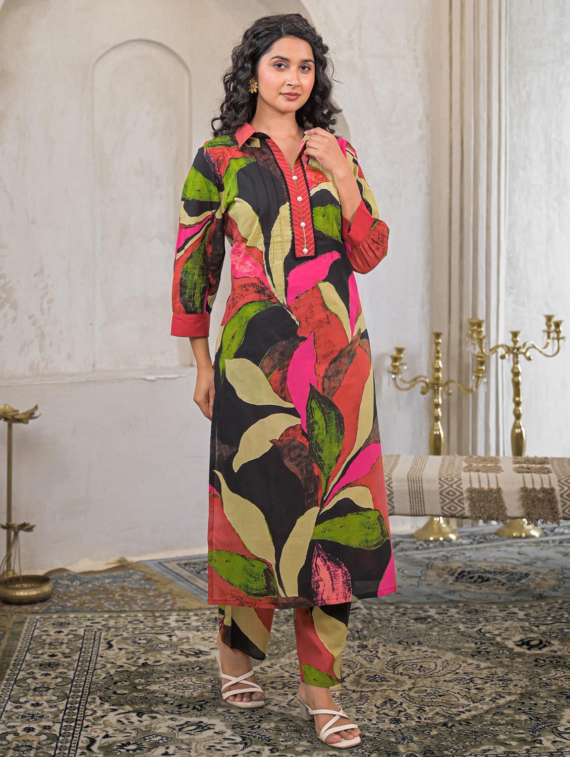 women printed three quarter sleeve kurta pant set