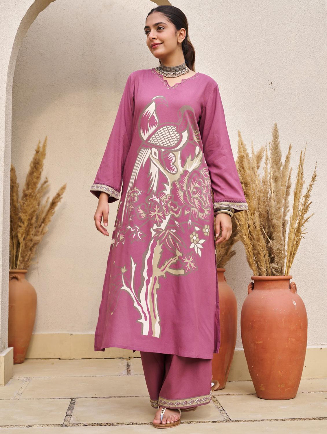 women printed long sleeve kurta palazzo set
