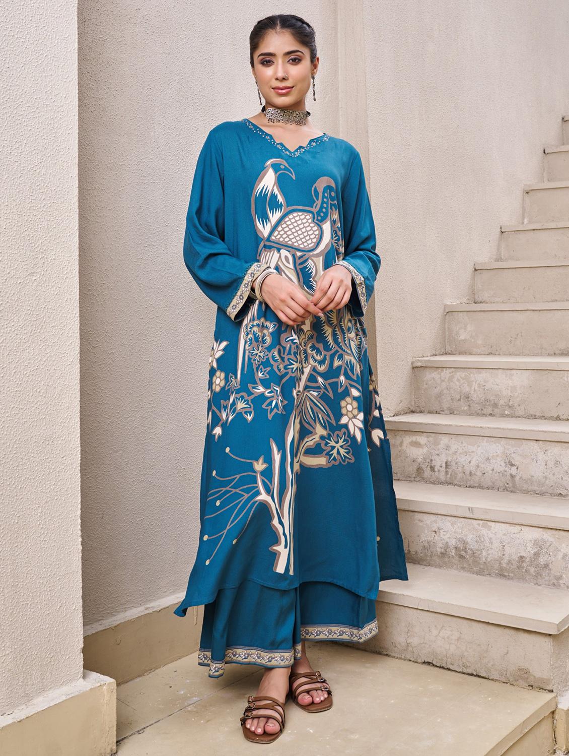 women printed long sleeve kurta palazzo set