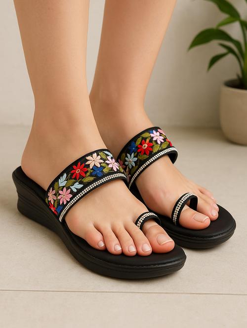 women embroidered slip on one toe wedges - 22029640 -  Standard Image - 0