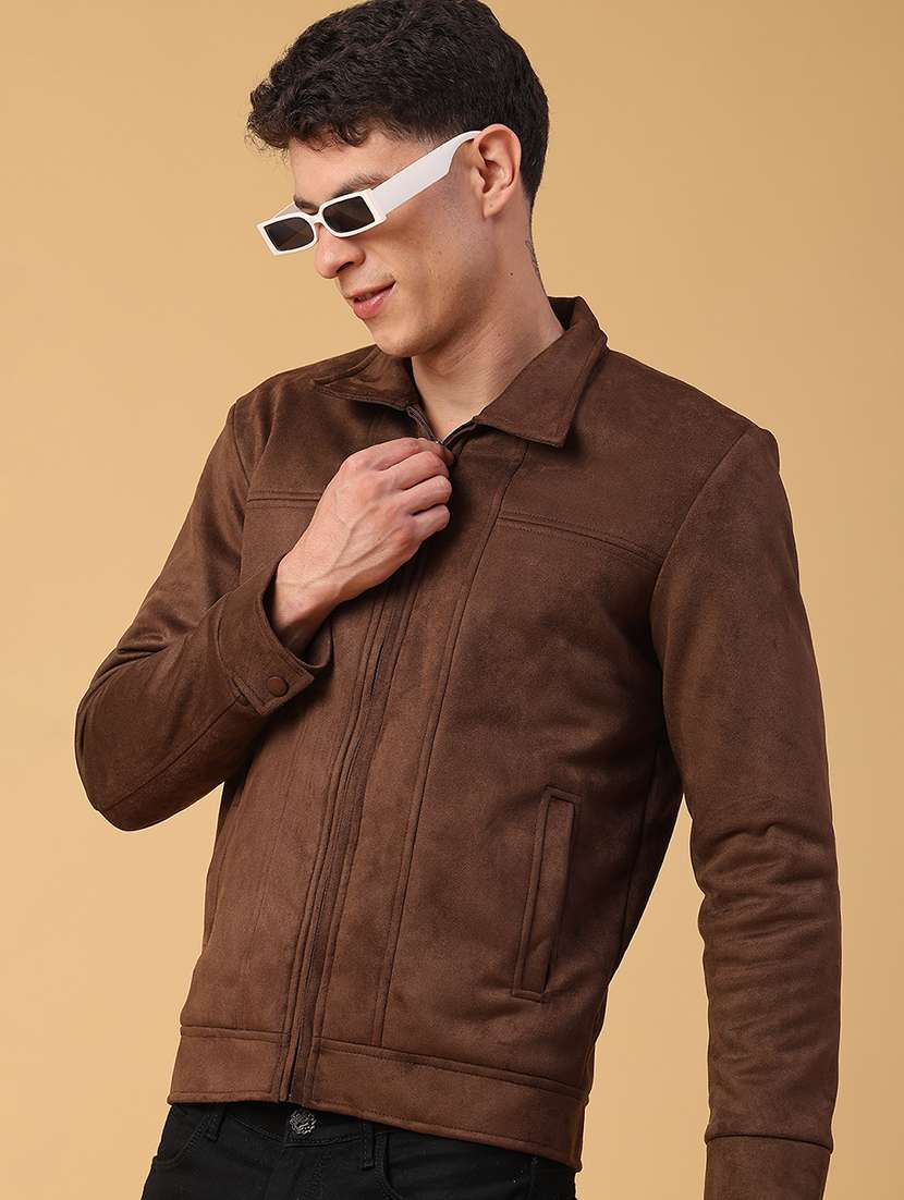 men brown solid long sleeve suede casual jacket