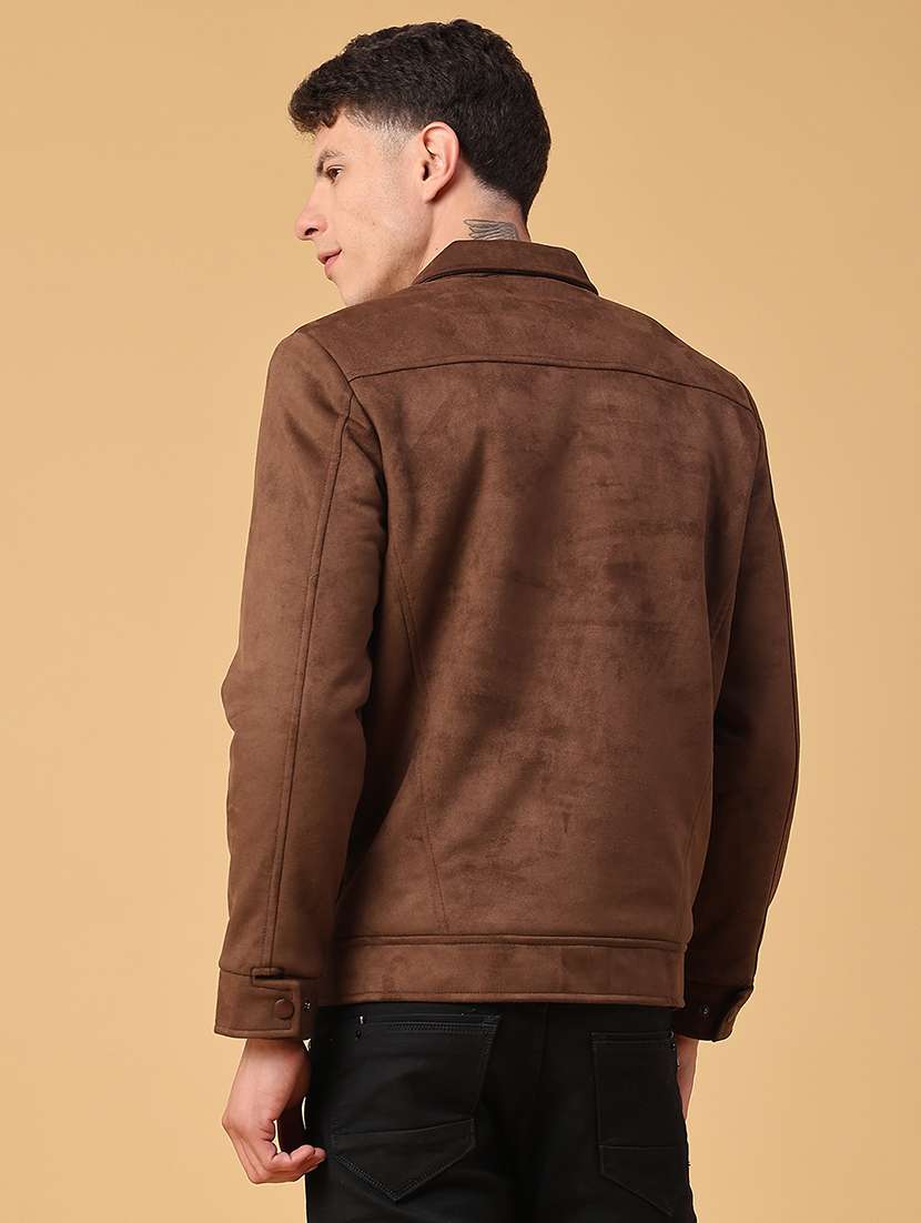 Men Brown Solid Long Sleeve Suede Casual Jacket - 22029770 -  Standard Image - 3