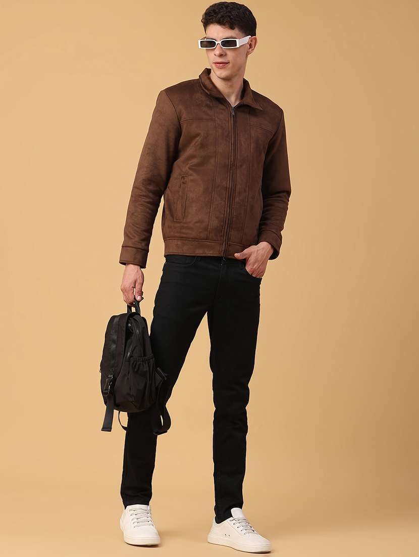 Men Brown Solid Long Sleeve Suede Casual Jacket - 22029770 -  Standard Image - 5