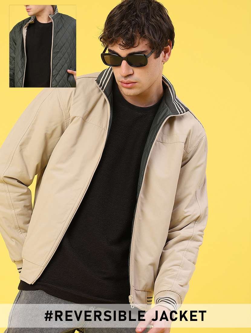 men solid long sleeve reversible puffer jacket