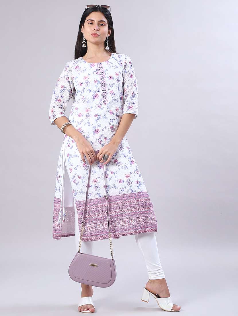 women floral printed three quarter sleeve straight kurta - 22029937 -  Zoom Image - 0