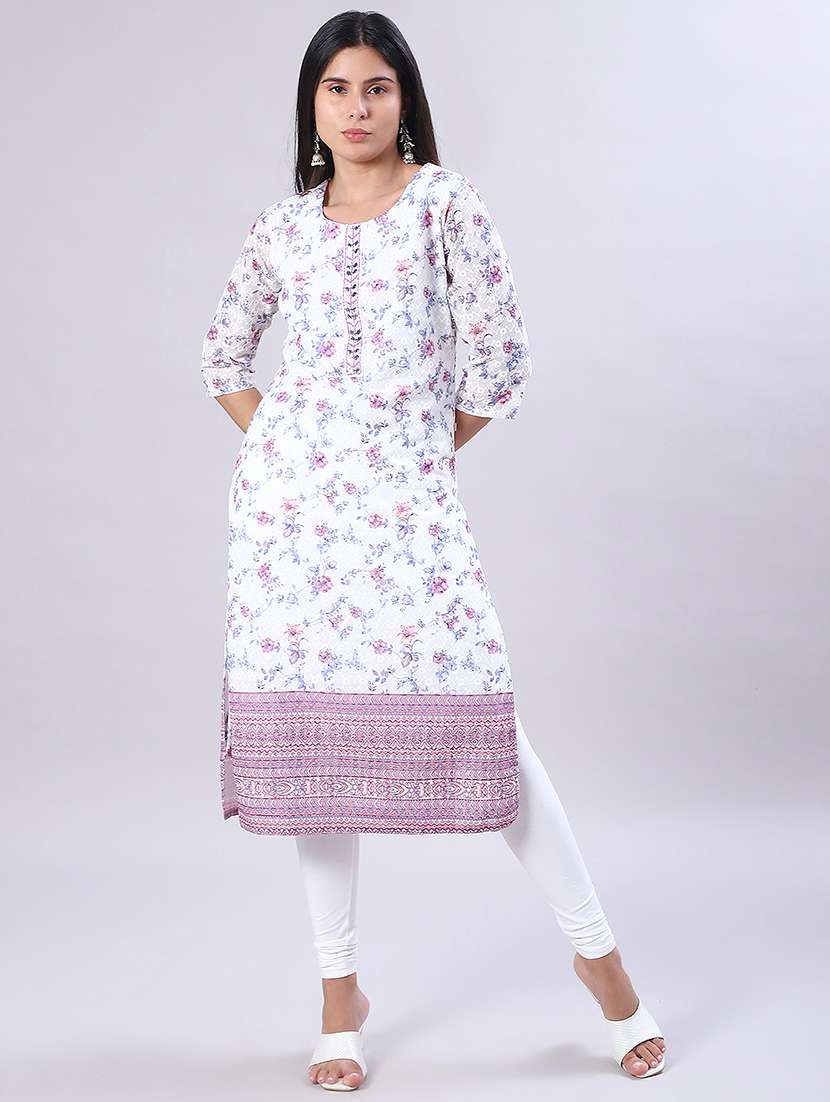 women floral printed three quarter sleeve straight kurta - 22029937 -  Standard Image - 3