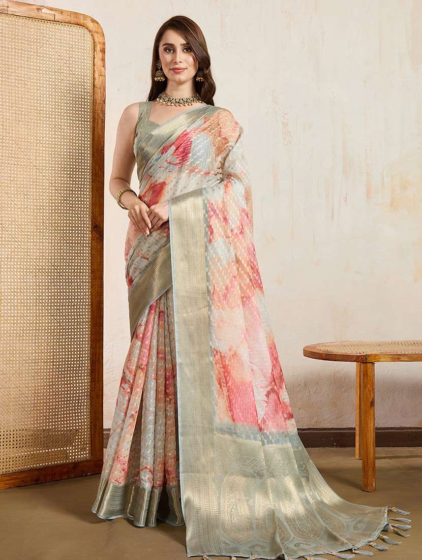 women printed bordered saree with blouse