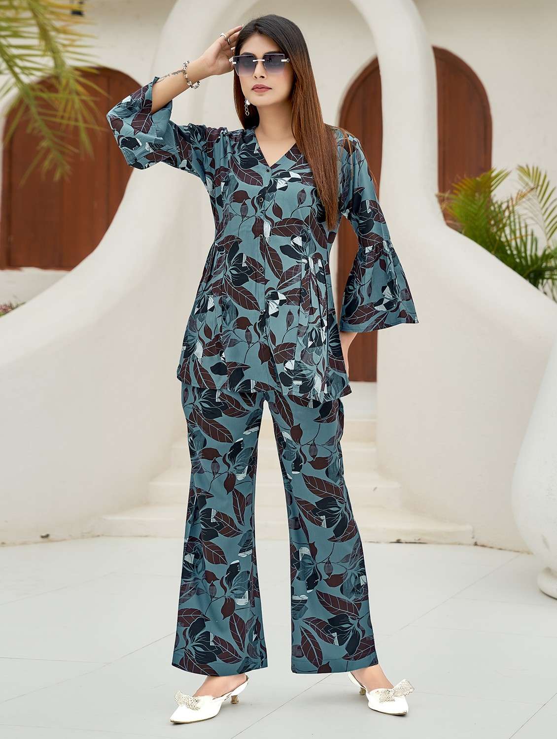 women printed top and palazzo co-ord set - 22030064 - Zoom Image - 0