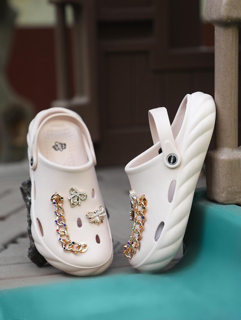 beige embellished slip-on clogs