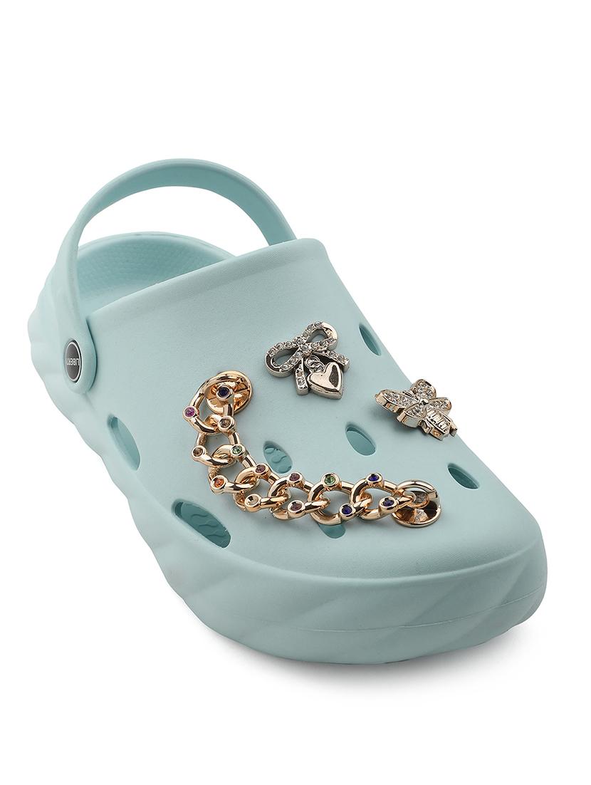women casual light blue embellished clogs