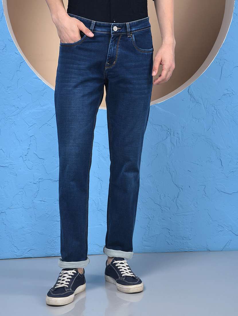 men washed mid rise ankle length jeans