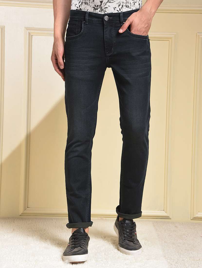 men washed mid rise full length jeans