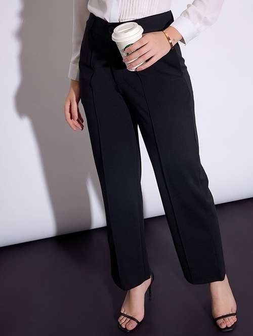 women solid high rise straight trouser - 22030544 -  Standard Image - 0