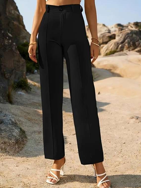 women solid high rise straight trouser