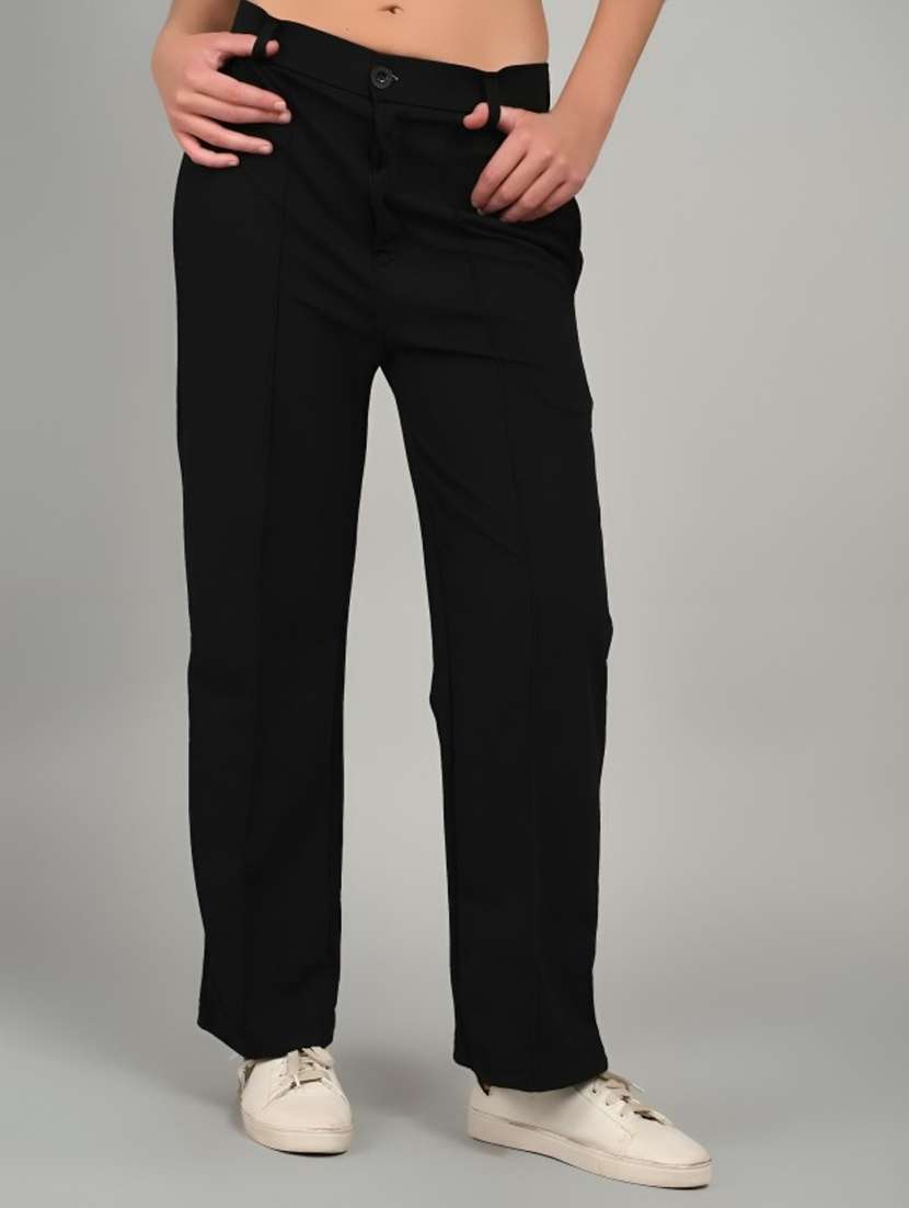 women solid mid rise straight trouser