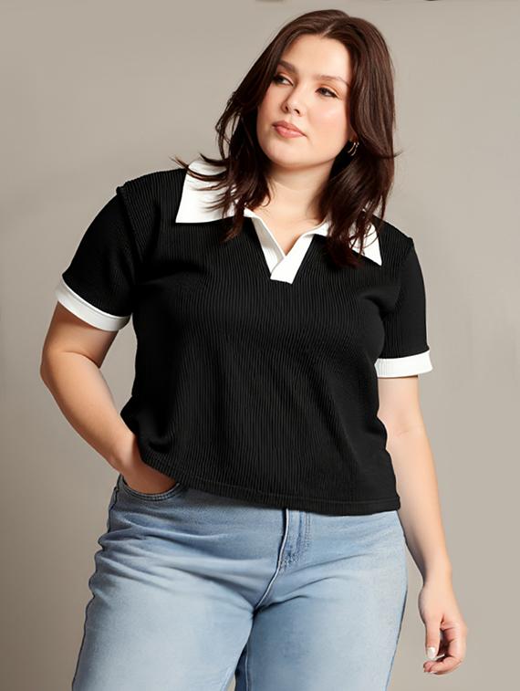 women plus size solid short sleeve crop polo t-shirt