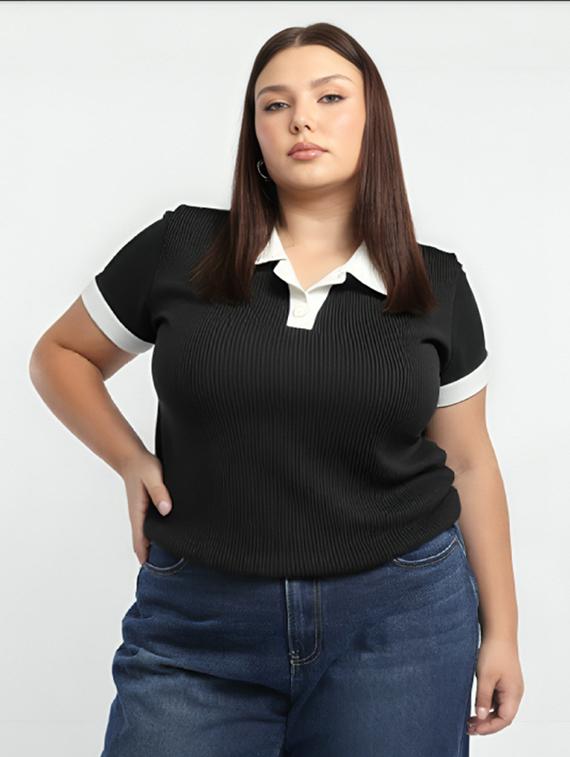 women plus size solid crop polo t-shirt