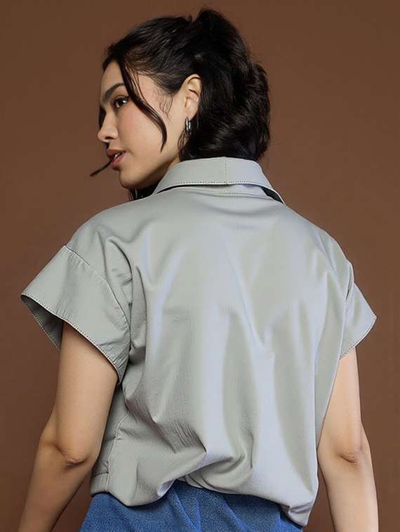 women grey solid short sleeve collared crop shirt - 22030689 -  Standard Image - 3