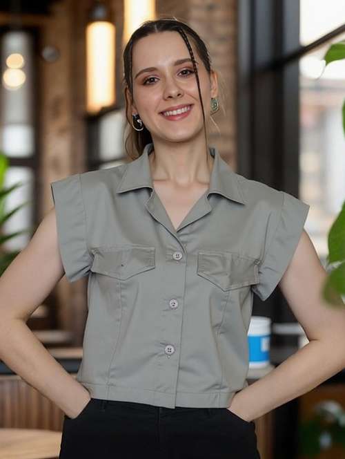 women grey solid short sleeve collared crop shirt - 22030690 -  Standard Image - 0