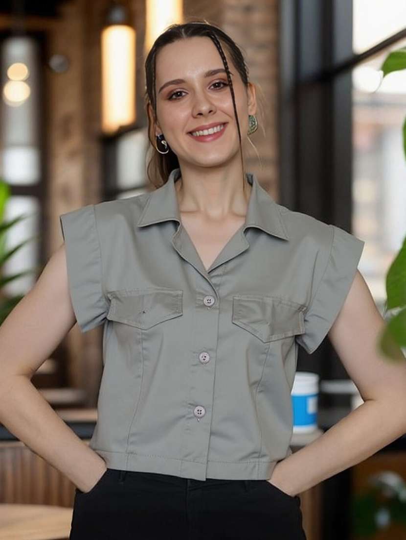 women grey solid short sleeve collared crop shirt