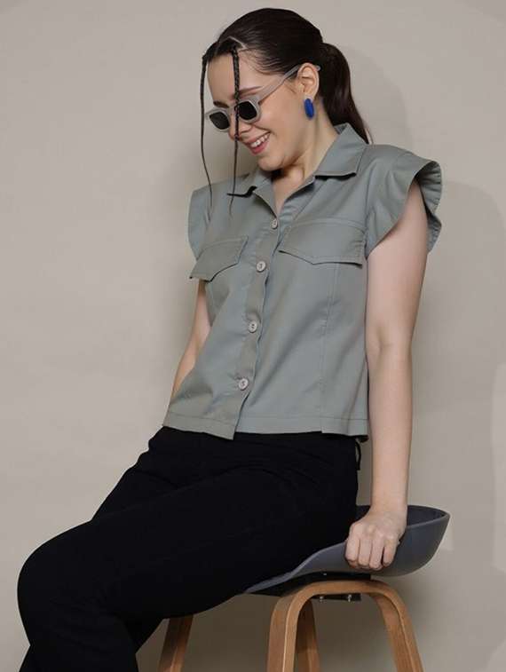 women grey solid short sleeve collared crop shirt - 22030690 -  Standard Image - 3
