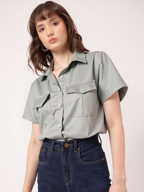women grey solid short sleeve collared crop shirt - 22030693 -  Standard Image - 0
