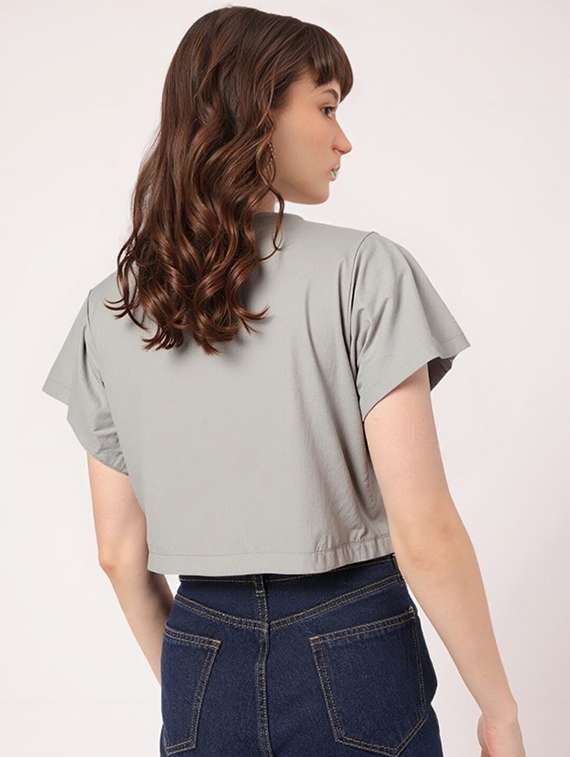women grey solid short sleeve collared crop shirt - 22030693 - Standard Image - 3