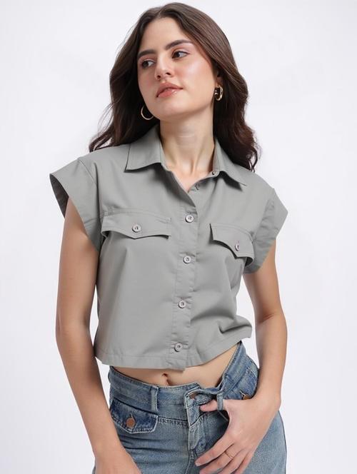women grey solid short sleeve collared crop shirt - 22030697 - Standard Image - 0