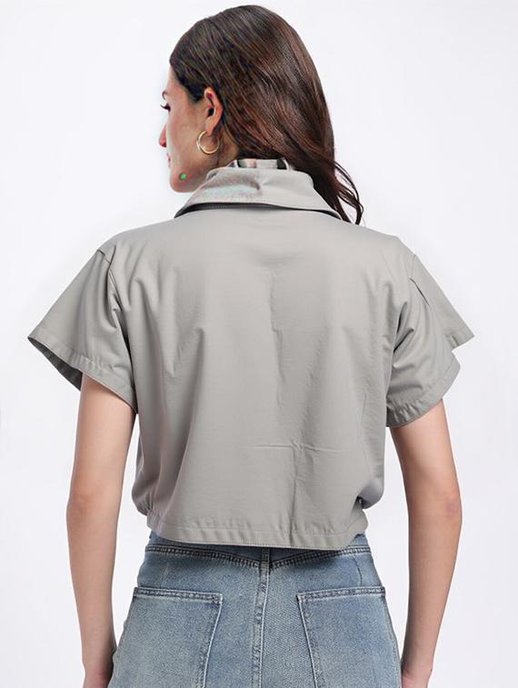 women grey solid short sleeve collared crop shirt - 22030697 - Standard Image - 3