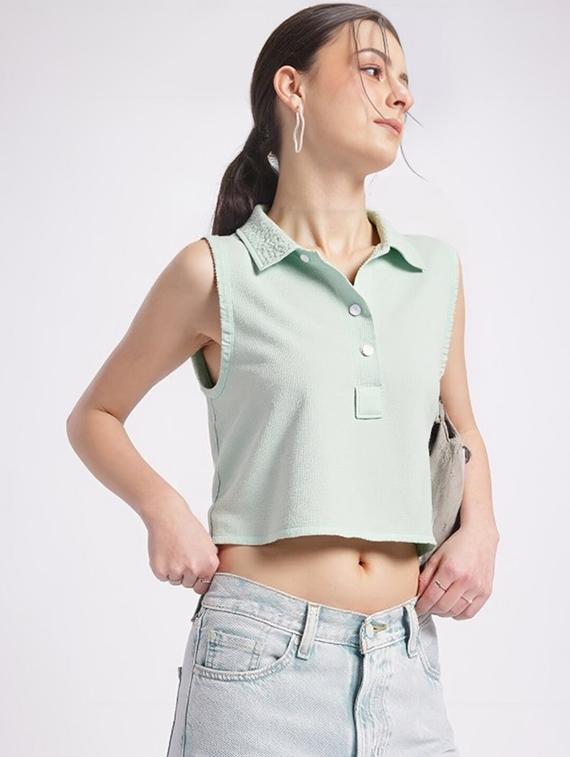 women solid collared regular fit crop top - 22030704 - Standard Image - 3