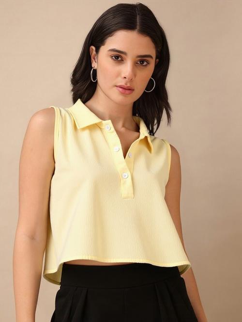 women solid collared regular fit crop top - 22030705 - Standard Image - 0