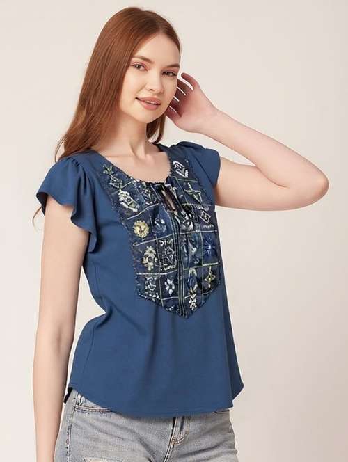 women solid with work tie up neck top - 22030709 - Standard Image - 0