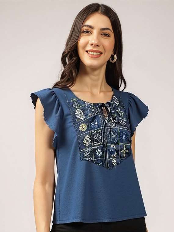 women solid with work tie up neck top - 22030710 -  Zoom Image - 0