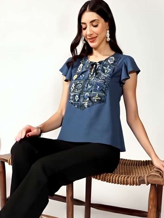 women solid with work tie up neck top - 22030710 - Standard Image - 3