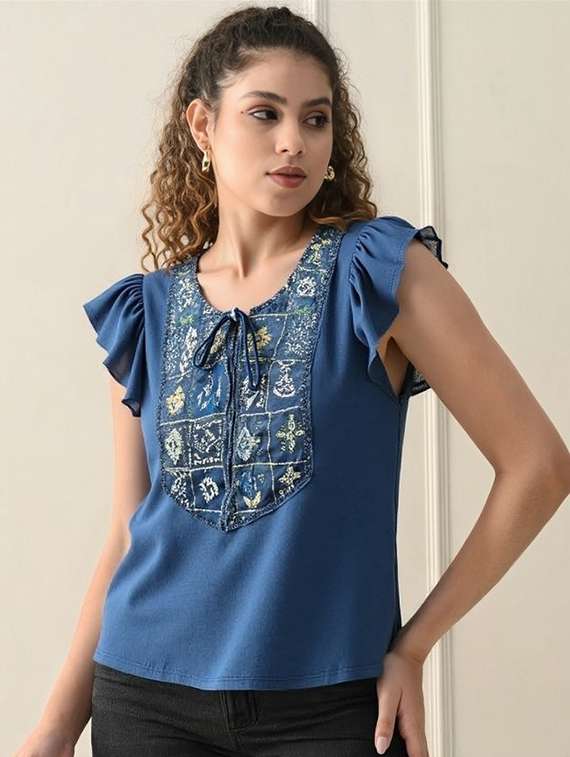 women solid with work tie up neck top