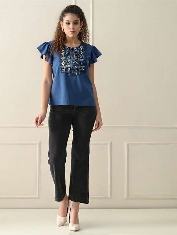 women solid with work tie up neck top - 22030711 -  Standard Image - 3