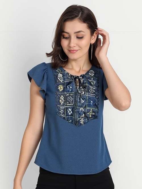 women solid with work tie up neck top - 22030712 - Standard Image - 0